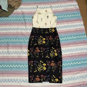 H&M black and cream midi dress with floral print